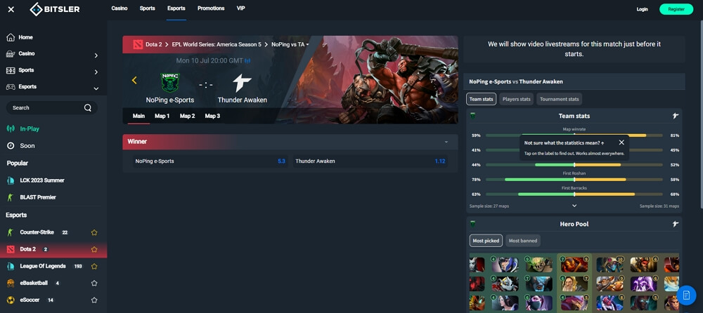 Bitsler offers an amazing Dota 2 betting interface.