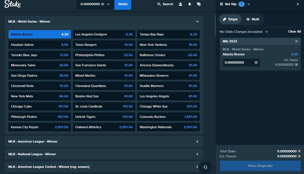 Stake Crypto MLB betting