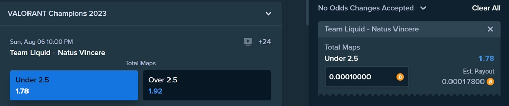 over/under odds for Valorant match at Stake