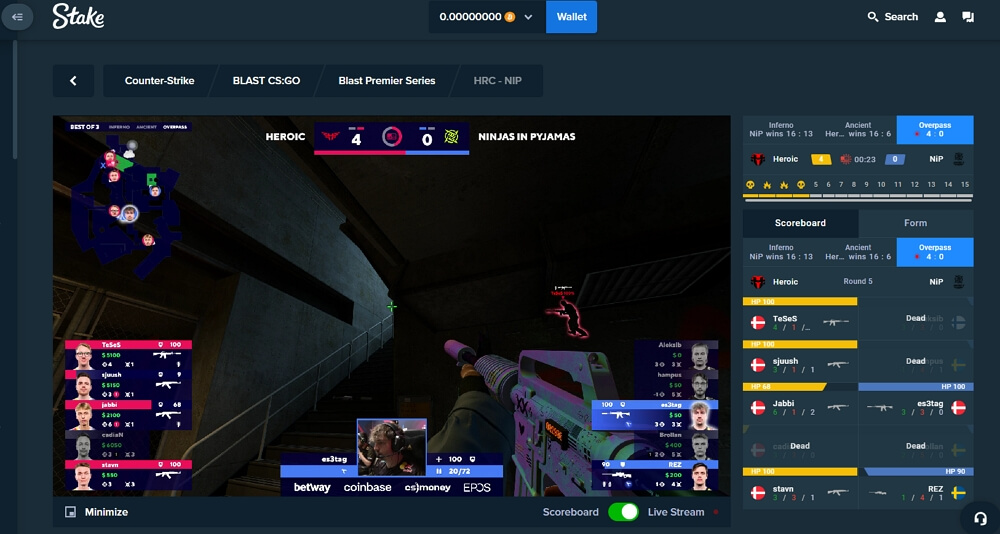 Stake eSports live streaming